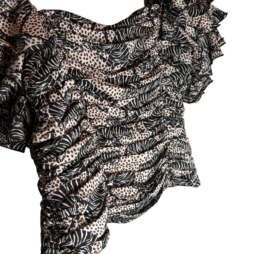 ZARA Blouse Small Tiger Animal‎ Print Ruffle Square Neck Ruched Statement RARE - Picture 4 of 8